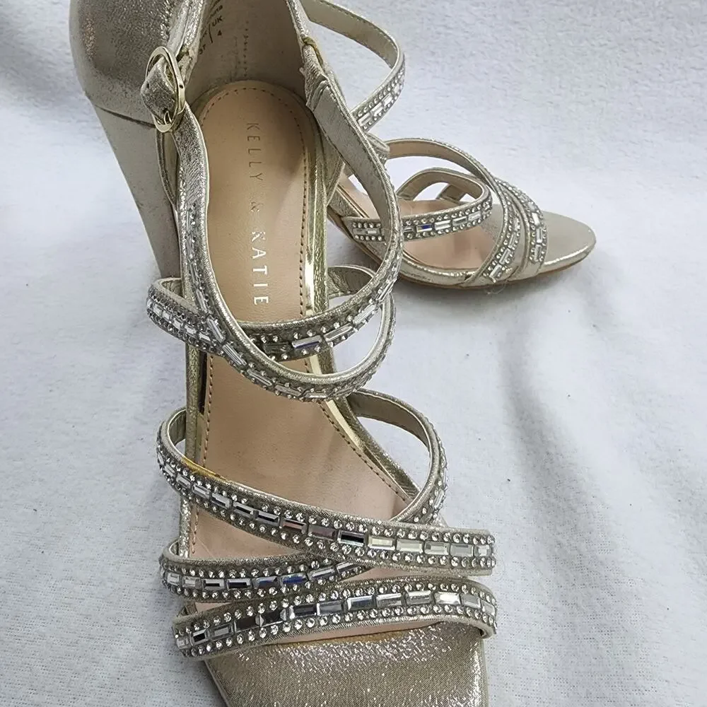 Kelly & Katie Shoes 6.5 High Heel Strappy Pumps BEIGE Gold Glass Night Out Sexy - Picture 2 of 11